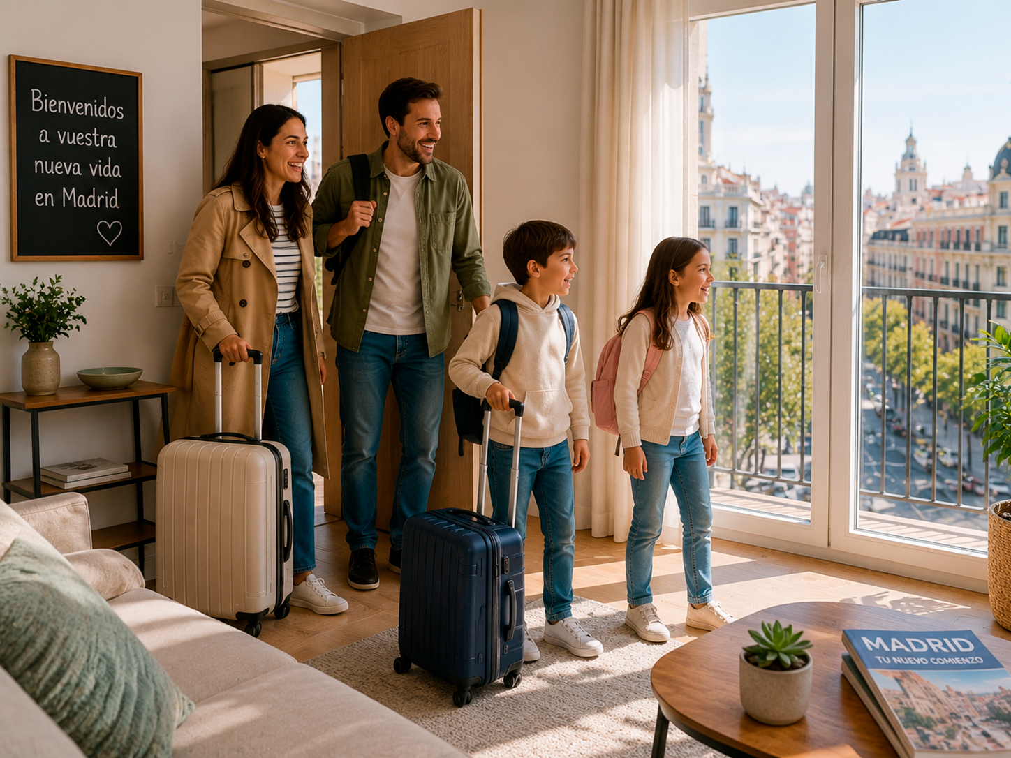 Familia recién llegada entrando en un apartamento temporal de Madrid con sus maletas.