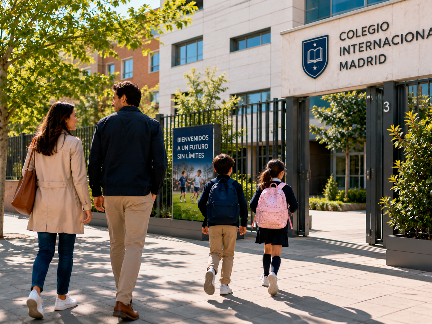 Familia acompañando a sus hijos a un colegio moderno de Madrid durante su primer día de clases.