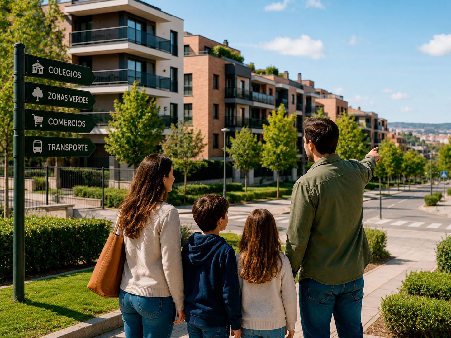 Familia observando una urbanización residencial de Madrid mientras decide dónde comenzar su nueva vida.