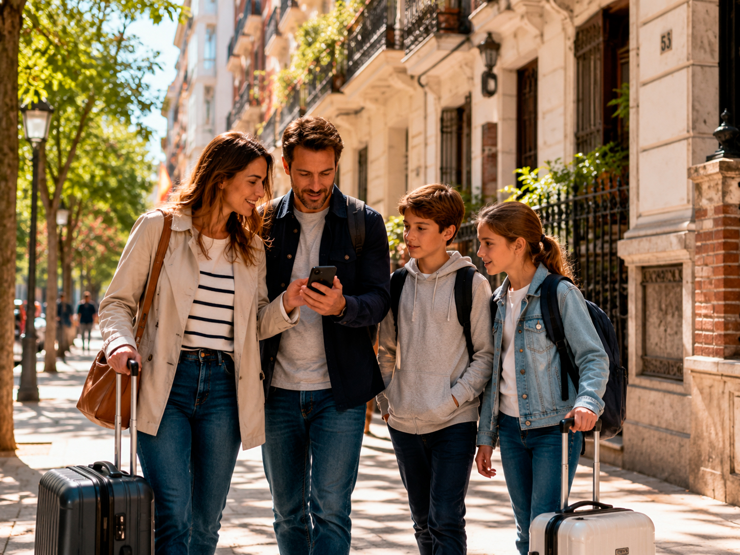 Familia argentina recién llegada caminando por una calle residencial de Madrid mientras consulta la ubicación de su nuevo hogar.