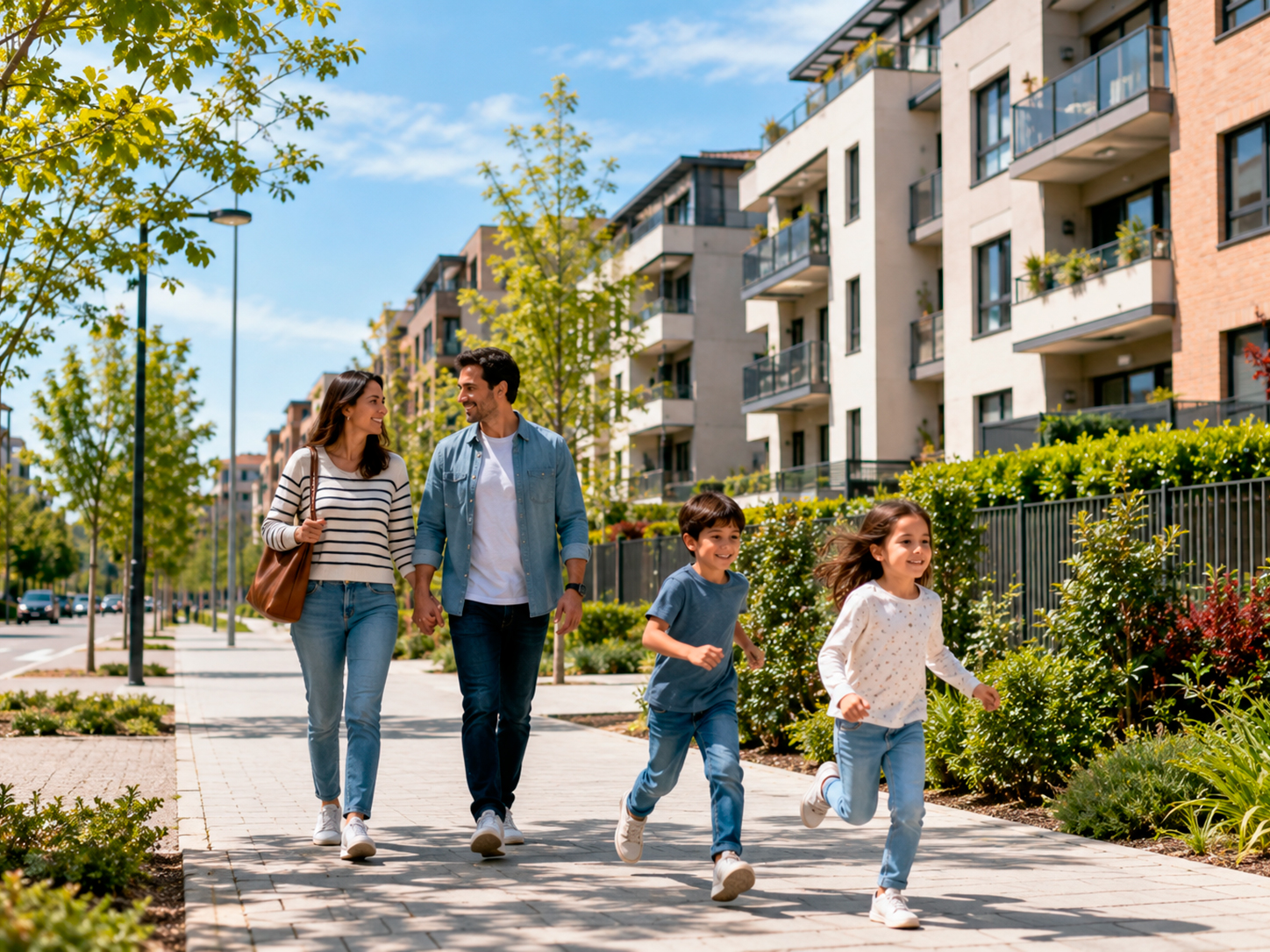 Familia caminando por una urbanización residencial de Madrid con zonas verdes y ambiente tranquilo.