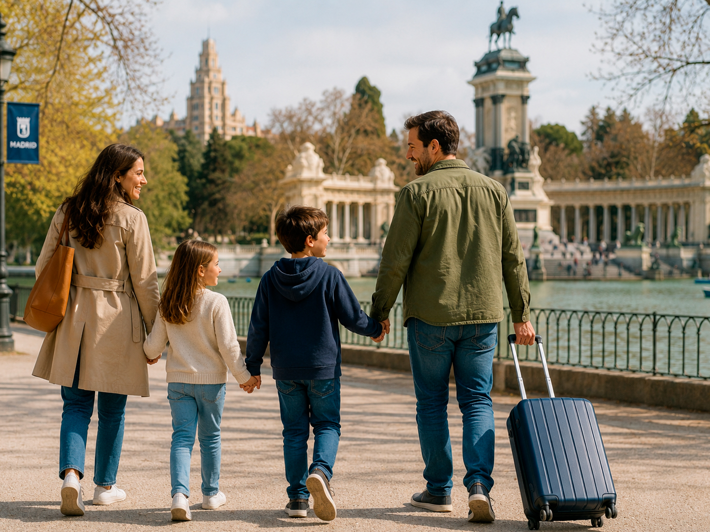 Familia paseando por un parque de Madrid mientras sus hijos juegan y descubren su nueva ciudad.